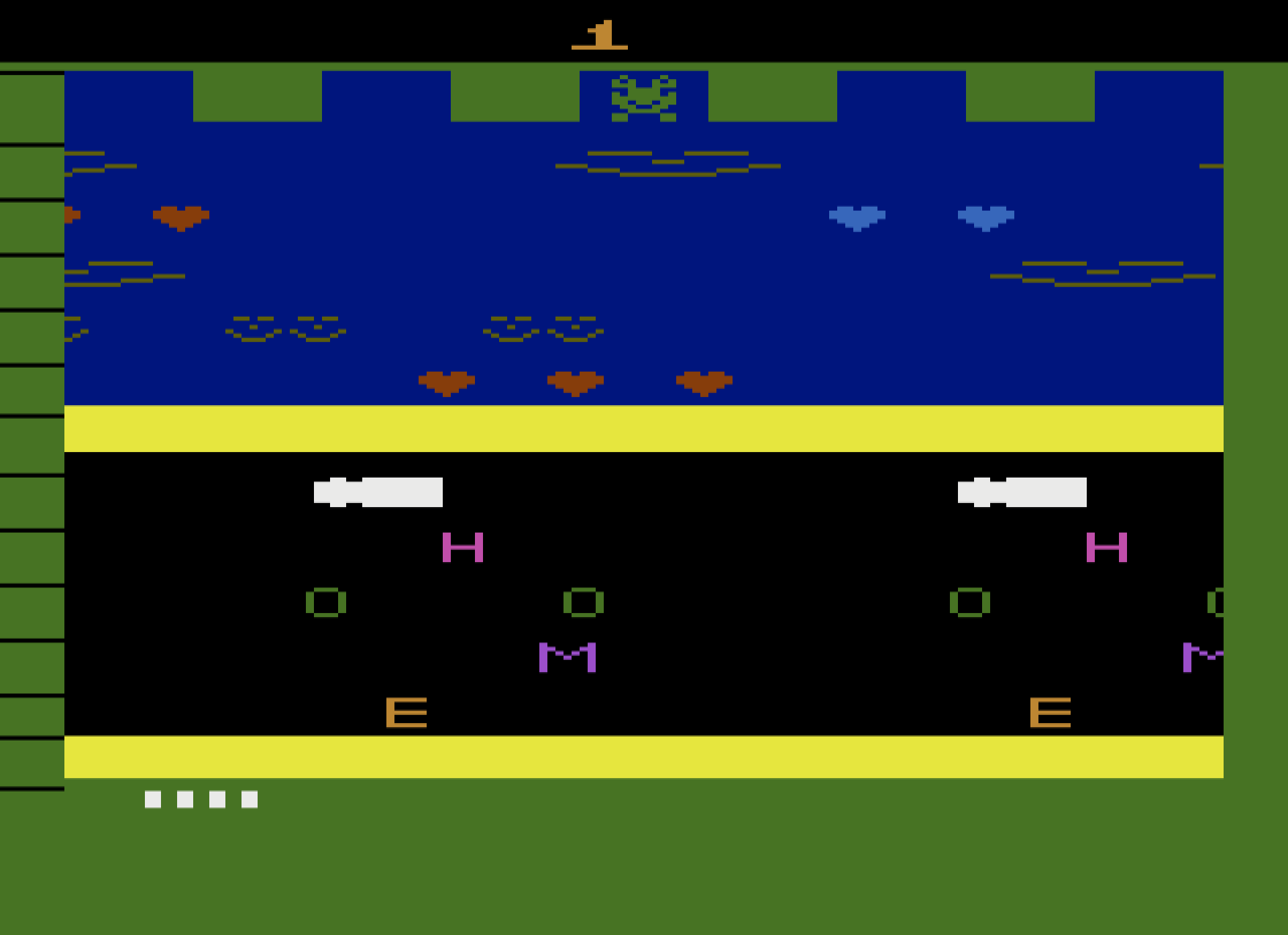 The modified Frogger running in the Stella emulator: the road traffic now spells H, O, M, E down the lanes, with hearts floating in the river where the turtles used to be.