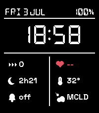 The same nilcoast watchface in dark mode— ink and paper swapped, the red accent kept.