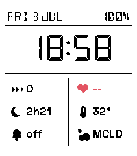 The nilcoast watchface in light mode: date and battery along the top, time in large digits, steps and sleep and alarm on the left, heart rate and temperature and condition on the right.