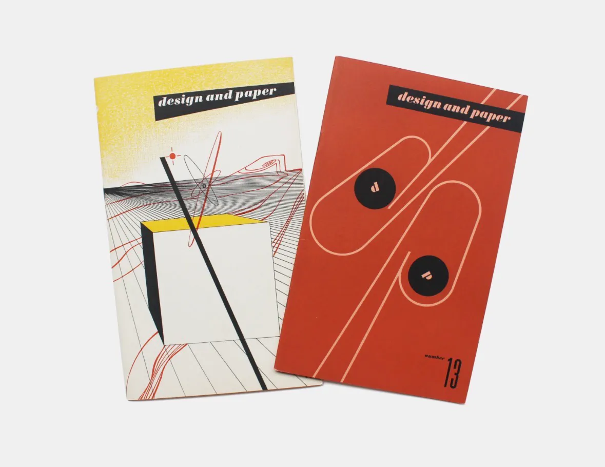 A stack of Sutnar-designed pamphlets-- geometric covers in bold color blocks.