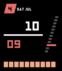 The Sutnar watchface: black background, orange date wedge, large time digits, a staircase of ticks descending the right edge with one lit orange, and a segmented battery bar along the bottom.