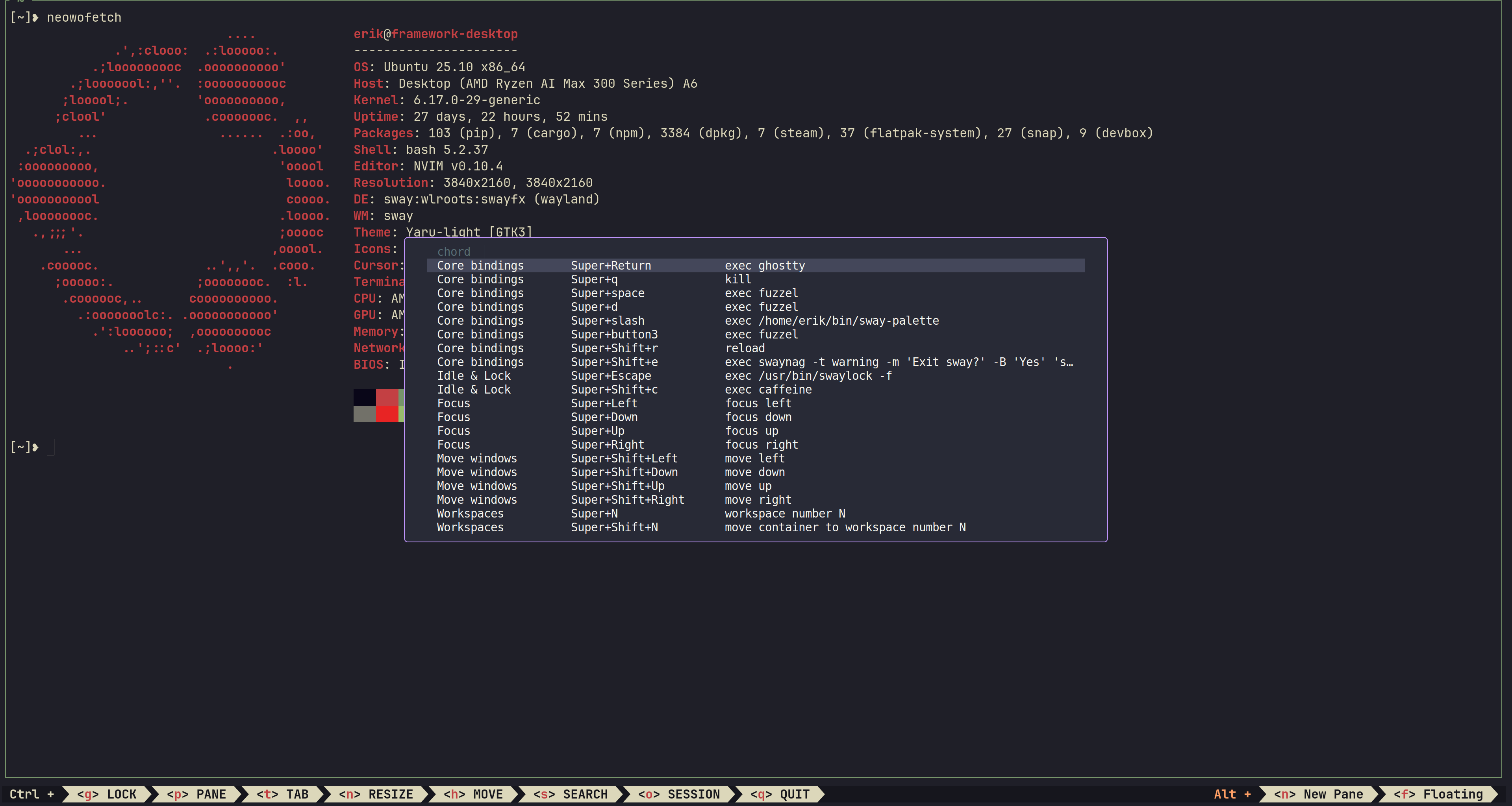 The sway-palette overlay open over a zellij session, listing every sway keybinding grouped by section, with zellij's own keybinding bar along the bottom of the screen.